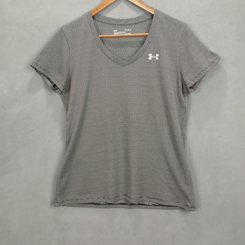 Under Armour Heatgear Tech V Neck T Shirt Womens Medium Black White Printed